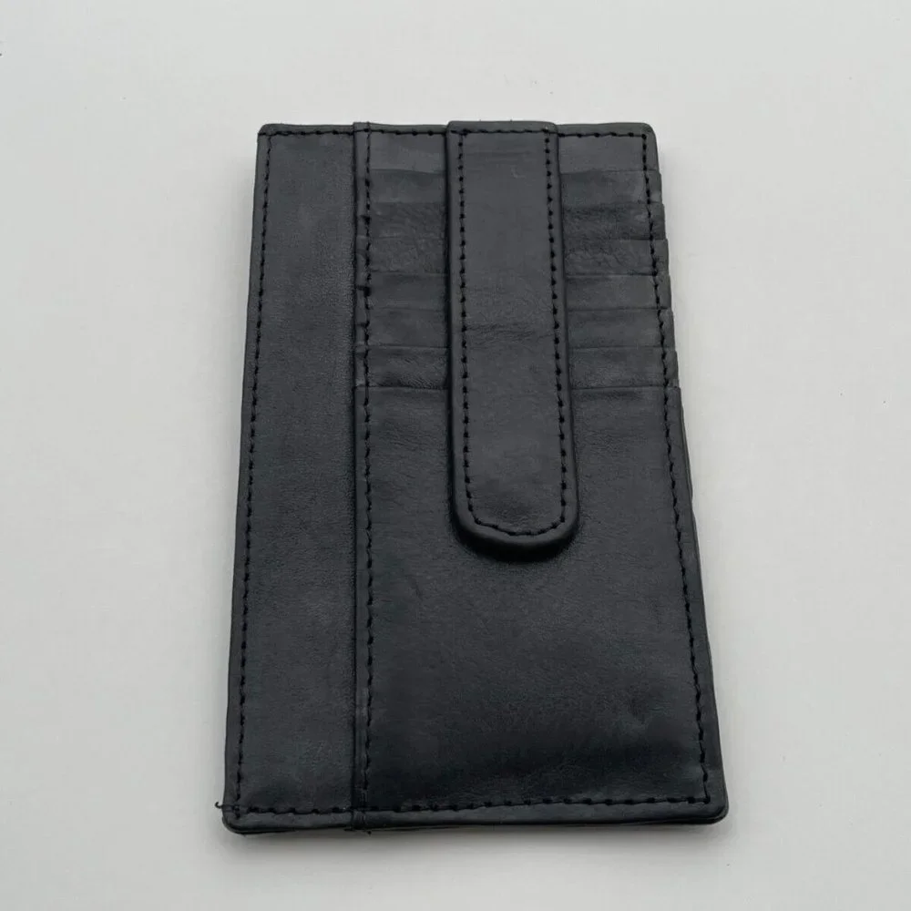 Long Card Holder Billfold Black Genuine Leather Wallet Handmade Coin Purse